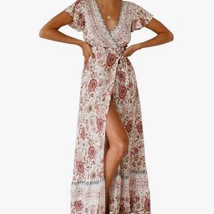 Wrap v neck short sleeve floral long dress
